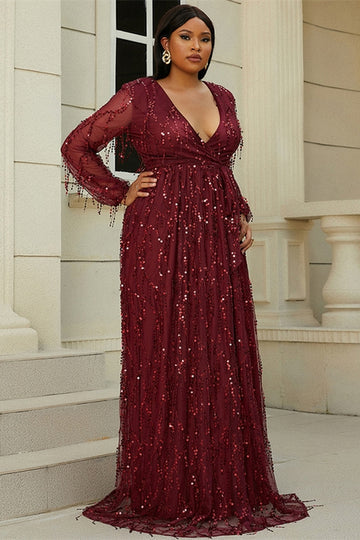 Plus Size Wine Red Fringes V-Neck Long Sleeve A-Line Prom Dress